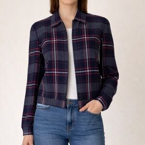 David Brooks Wool plaid zip jacket blazer Black Gray Red White Womens Sz L